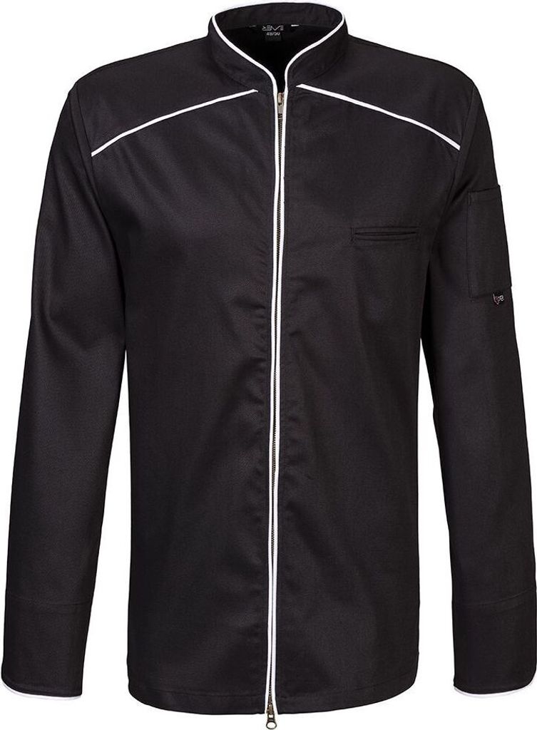 Kochjacke langarm, 2-wege RV, Fb. schwarz, Paspel weiss, Gr. M : weiß : 65% Polyester 35%Baumwolle 220 g/m² : M