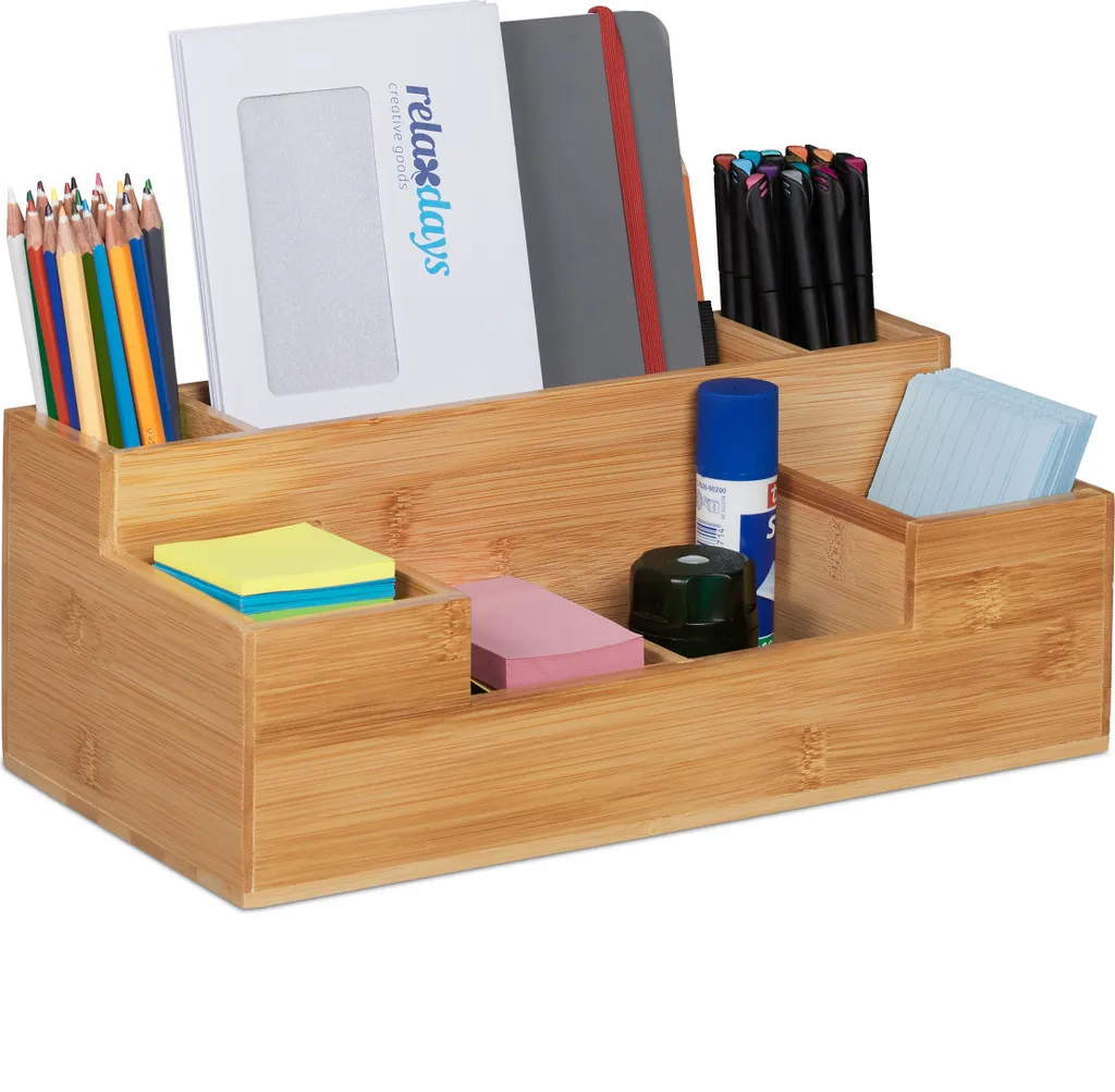 Relaxdays Desk, 7 scomparti, organizer in bambù, ufficio, cucina, bagno, organizer da scrivania HBT 11x30x15cm, naturale, 1 pezzo