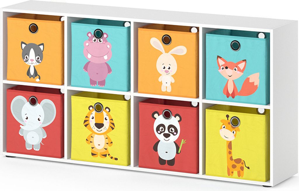 A white storage unit with eight colorful fabric bins, each featuring a cartoon animal illustration.