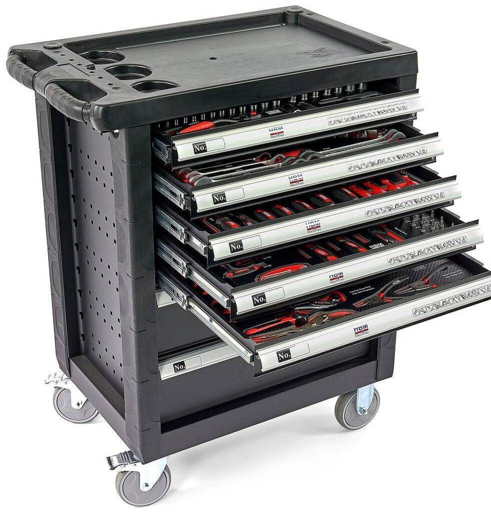 Befüllter Werkzeugwagen 196 Werkzeuge 7 Schubladen Werkstattwagen Werkstatt - schwarz