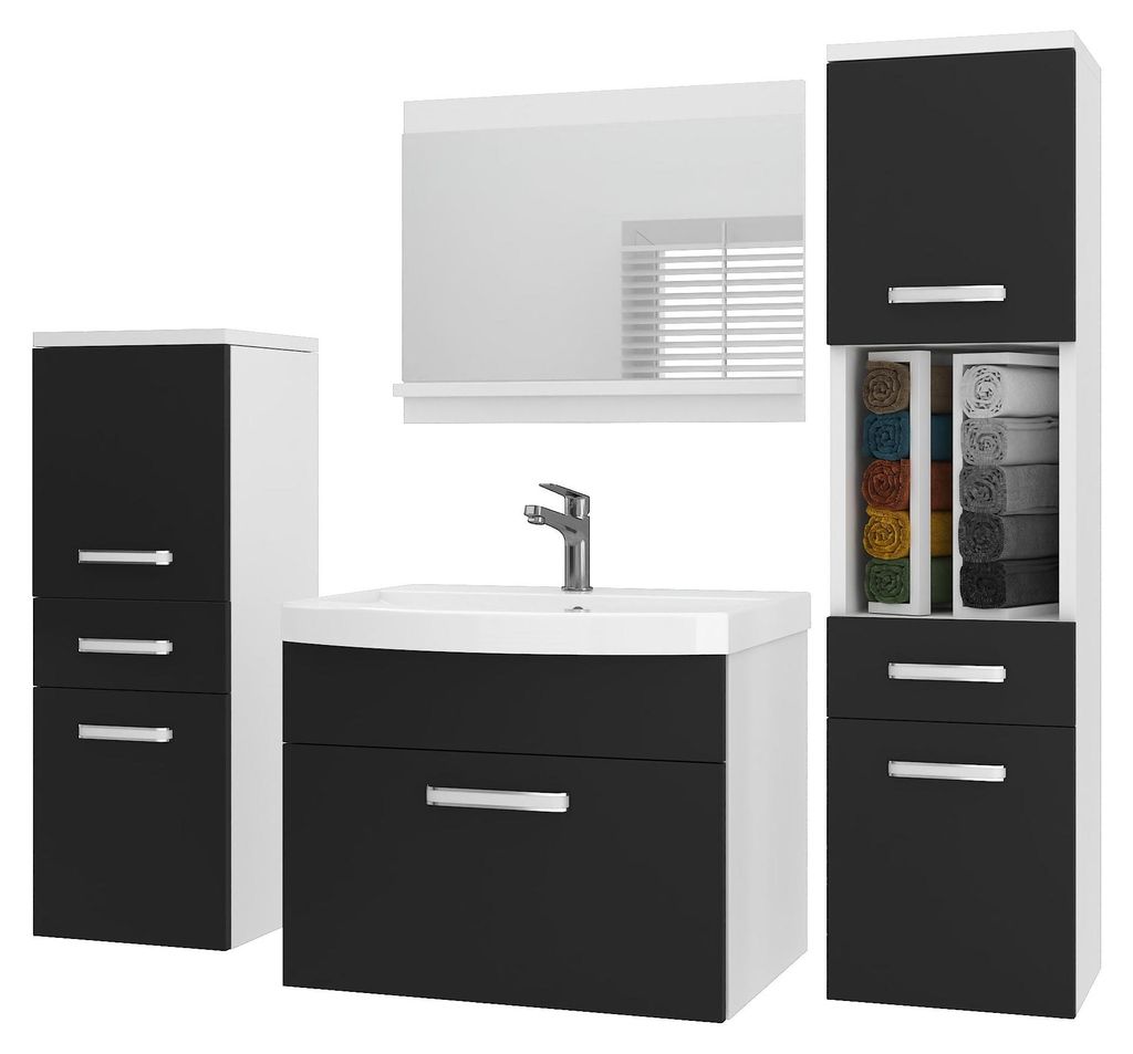 BELINI Badmöbel Set PRI M5 120 cm Schwarz Matt - Moderner Badschrank mit Waschbecken & Spiegel, Vollausstattung Wandmontage