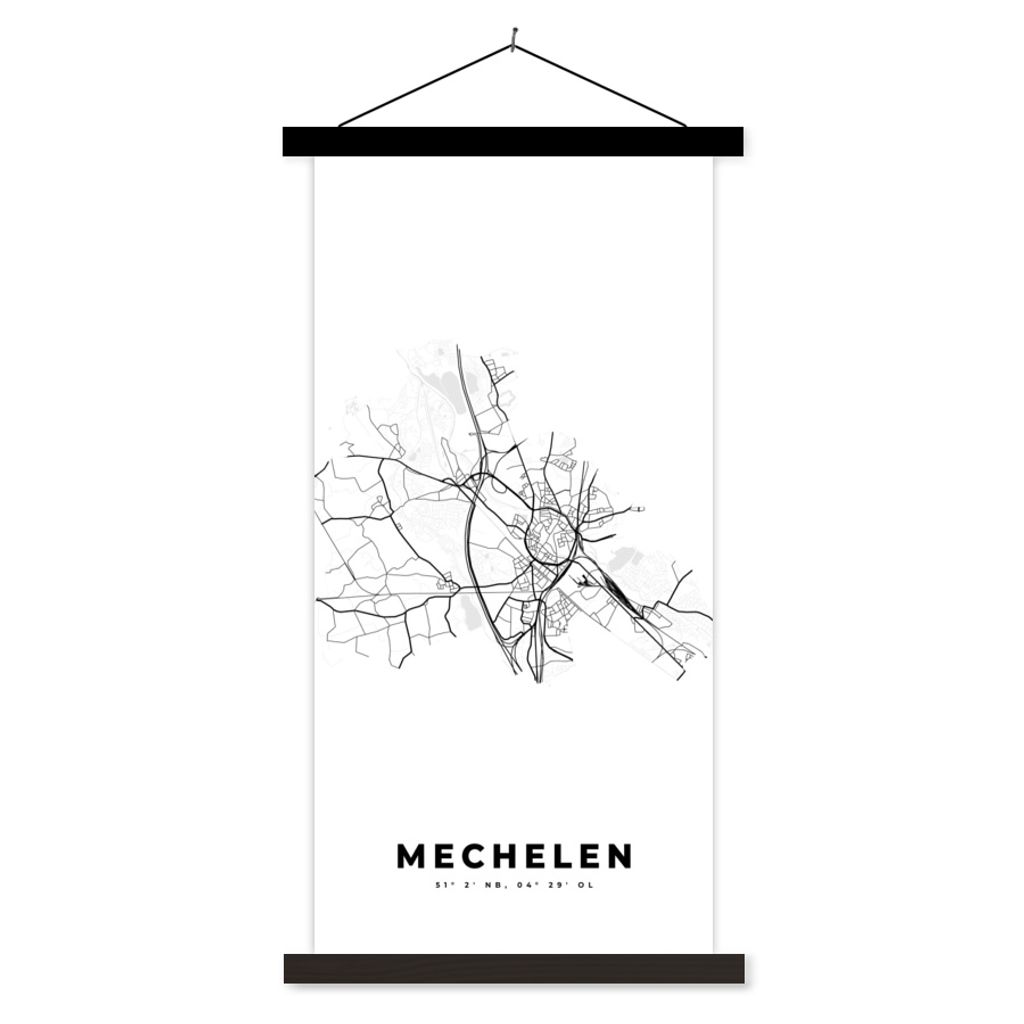 MuchoWow Textilposter Karte - Belgien - Mechelen - Schwarz und weiß - Stadtplan 40x80 cm mit schwarzem Rahmen - Wandemalerei