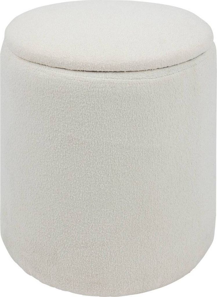 A white, round ottoman with a textured fabric surface.