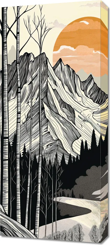 Dipinto Acquerello Montagna 40x90 cm - Atmosfera Alpina in Tela