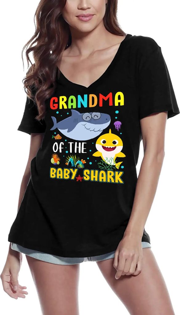Damen Grafik T-Shirt V-Ausschnitt Oma des Haifischbabys Shirt für Großmutter – Grandma Of The Baby Shark Shirt For Grandmother – Öko-Verantw...