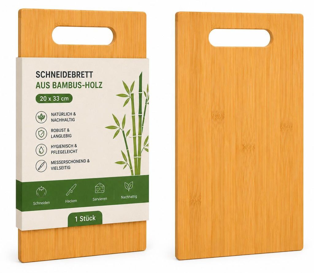 Bambus Schneidebrett 20 x 33 cm – Küchenbrett mit Produktbild  KI-generiertes Bild