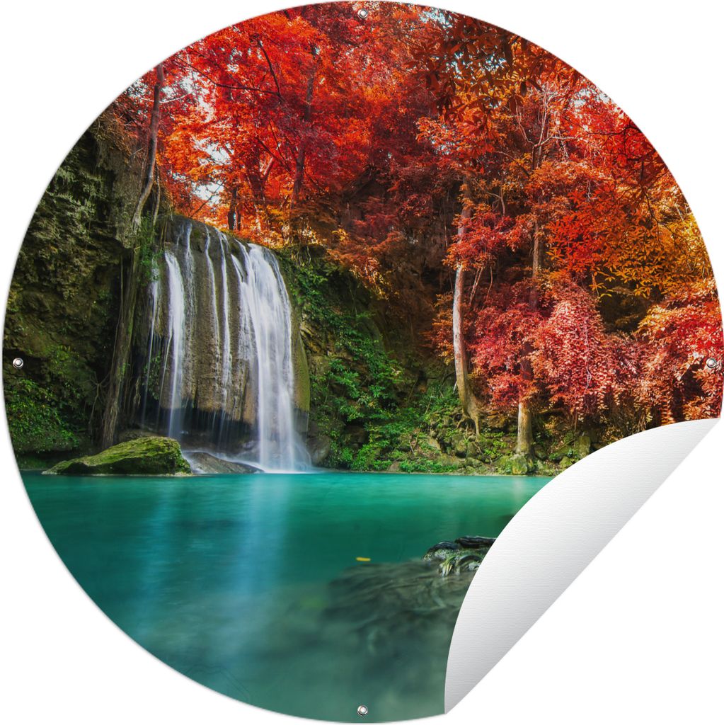 MuchoWow Gartenposter Outdoor-Poster Rund Wasserfall - Baum - Rot - Herbst - Wasser Ø 120 cm Gartendeko Rundes Poster draußen