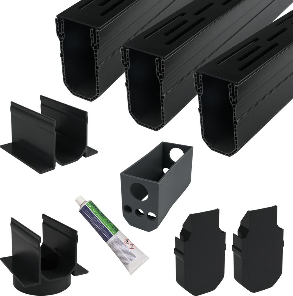 Schmale Entwässerungsrinne Schwarz 3 Meter – Komplettset Produktbild 
