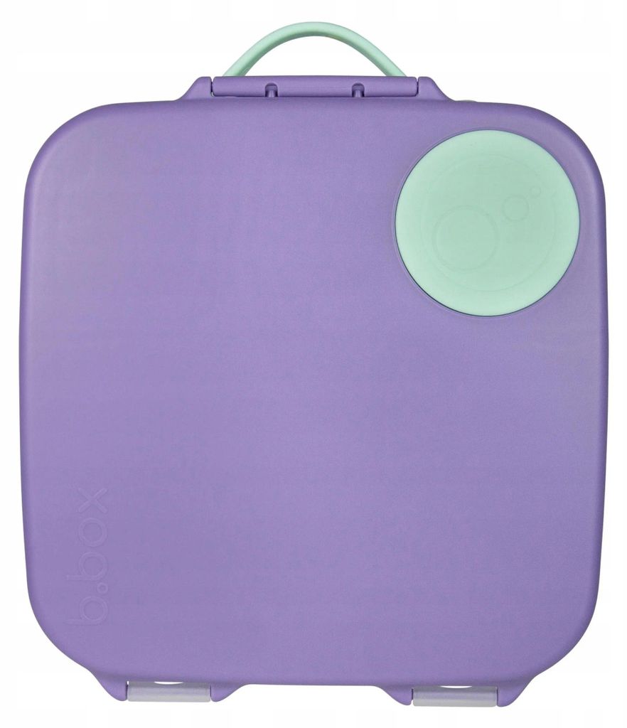 A top-down view of a closed purple lunchbox with a mint green handle and a circular mint green compartment on the lid.