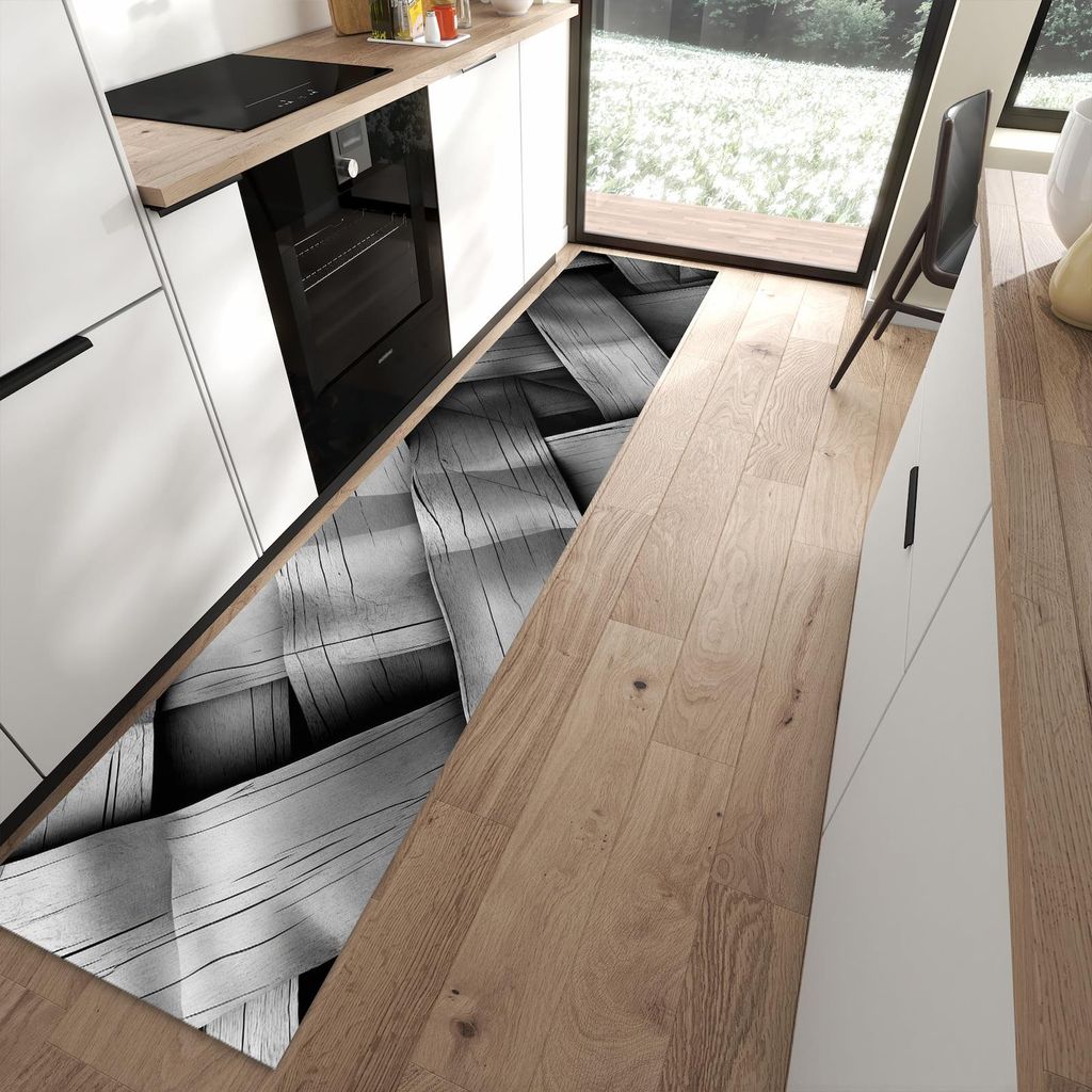 Küchenteppich 60x300cm rutschfest & abwischbar PVC Läufer - Geflochtenes Holz
