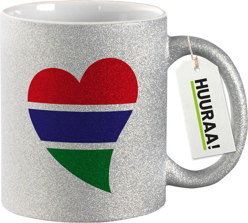 Huuraa Glitzertasse Gambia Flagge Herz 330ml Silber Keramik Kaffeebecher Geschenkidee