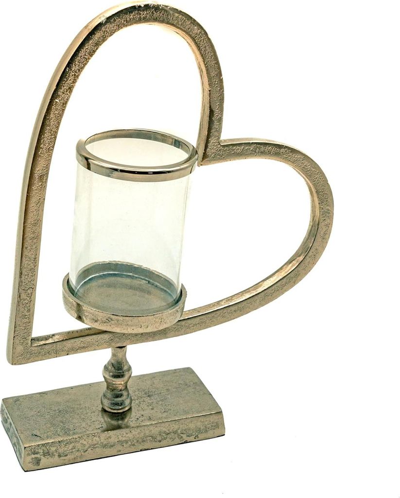 Metallene Herzskulptur mit gläsernem Teelichthalter 32,5 cm hoch 26 cm breit – Herzdesign Kerzenhalter in Silber - Chromfarben 1117