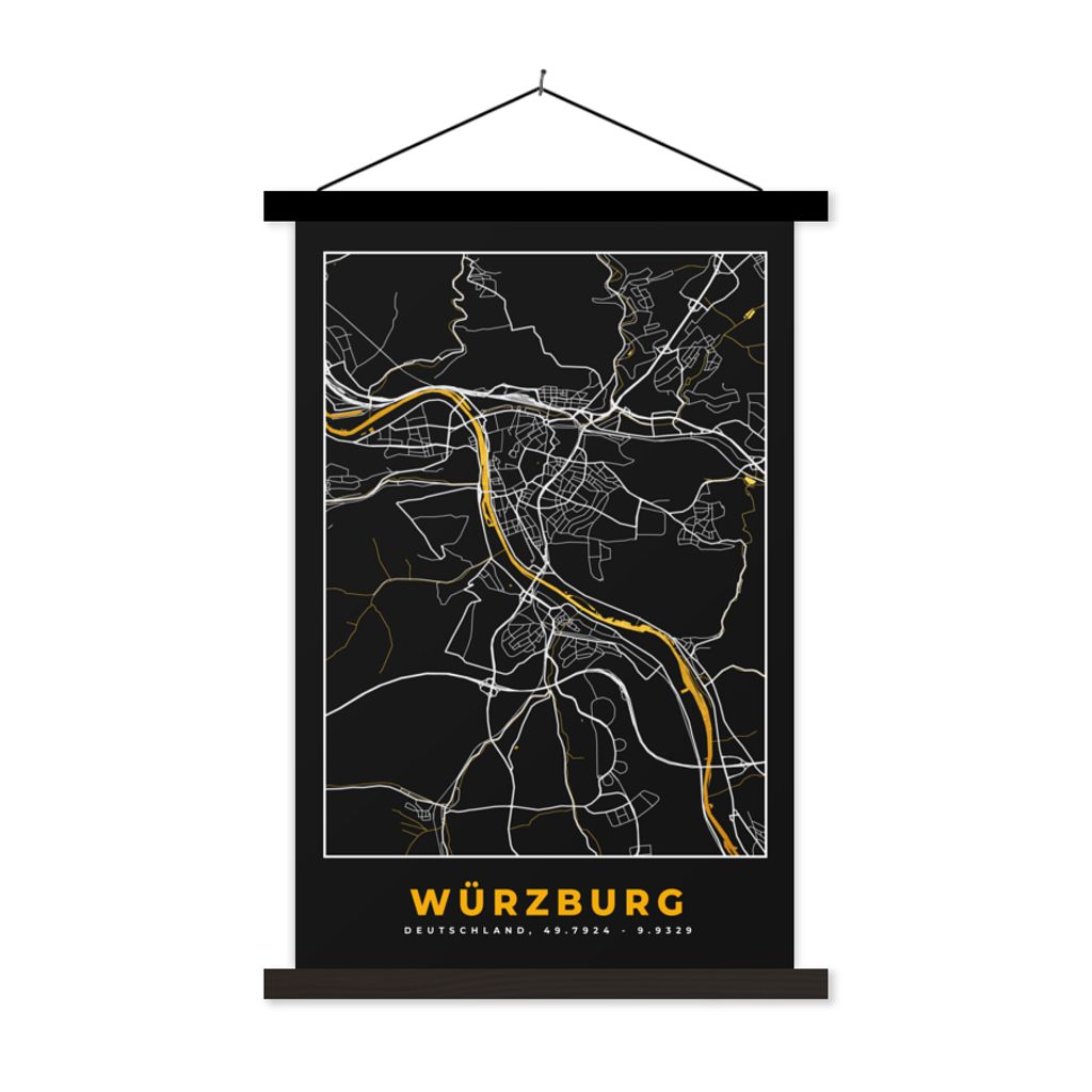 MuchoWow Textilposter Stadtplan - Deutschland - Gold - Würzburg - Karte 120x180 cm mit schwarzem Rahmen - Fotos