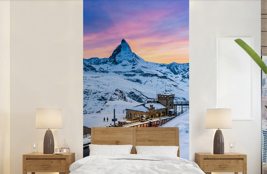 MuchoWow Fototapete für Wohnzimmer oder Schlafzimmer Wandtapete Vinyl Motivtapete Alpen - Schnee - Zug - 120x240 cm - Hintergrundbild