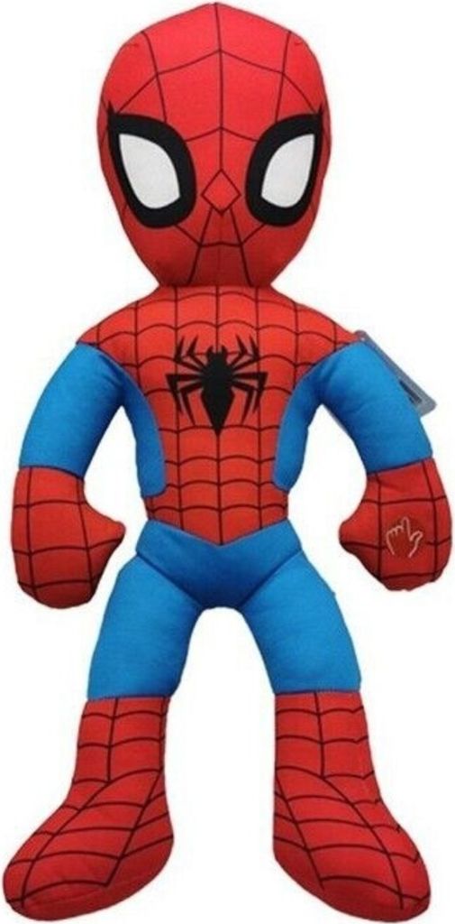 A plush toy of Spider-Man standing against a white background.