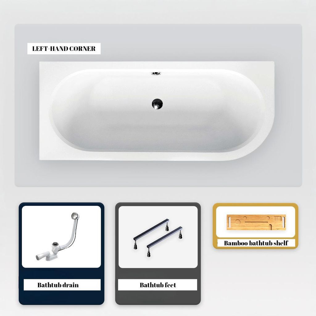 Asymmetrische Badewanne - 180 x 80 cm - Links - ohne Verkleidung - mit Füßen - Bambusablage - Ablaufgarnitur Chrom - AVITA