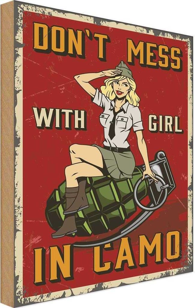 vianmo Holzschild 30x20 cm Pinup Don`t mess with Girl in camo Pin Up