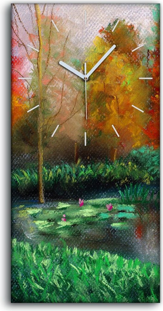Wanduhr Uhr Wandbild Leinwand Quarz 30x60 Malerei Wald Bäume See Gras Natur - weiße Hände