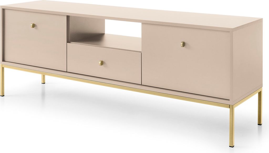 RAVIO TV-Lowboard Bari RTV154 TV-Schrank mit Schublade und 2-Türen HiFi-Tisch mit Metallfüße (Beige + Goldene Beine)
