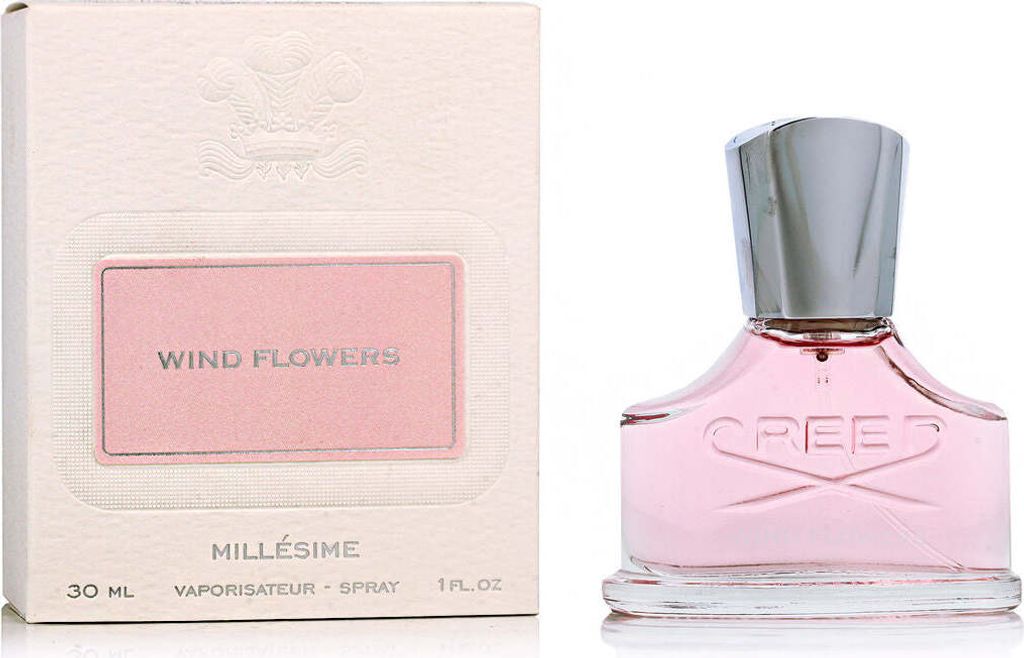 A box and bottle of Creed Wind Flowers perfume are displayed side-by-side against a white background.