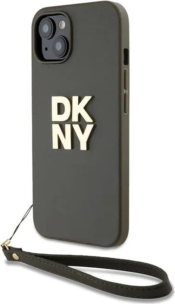 Cover DKNY iPhone 14 Marrone Leather Stack Logo con Cinturino Polso - 2