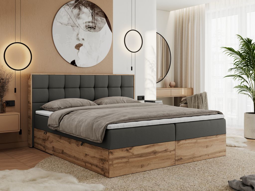 MKS MEBLE Boxspringbett 180x200 mit Bettkasten Eiche, Polsterbett 180x200 mit Matratze H3, Bett 180x200 mit Kopfteil, Eiche Wotan - 180x200 - Dunke...