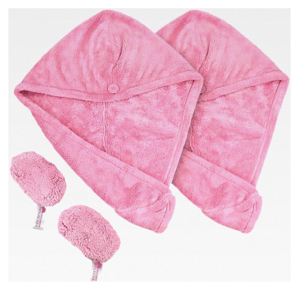 Haarturban und Abschmink-Wölkchen Set ROSA (4-teilig) - Sanftes Trocknen der Haare und schonende Gesichtsreinigung