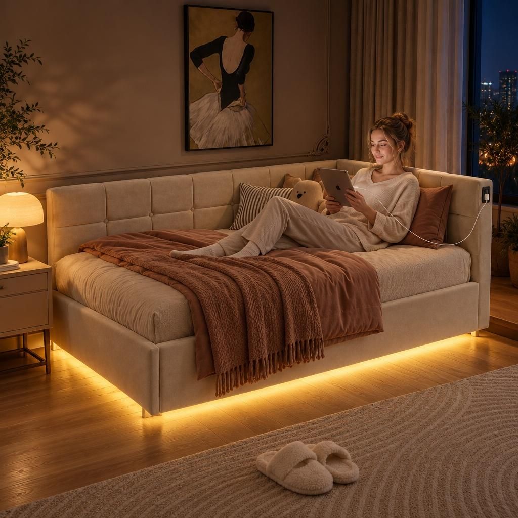 INONEFT, cama tapizada de 90 x 200 cm, cama juvenil con LED Imagen del producto 