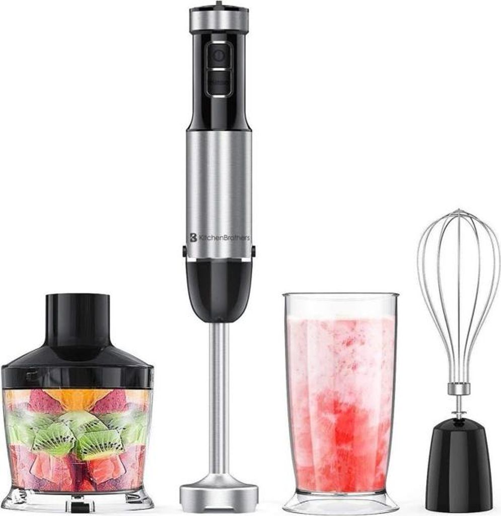 KitchenBrothers Stabmixer Set - Zerkleinerer - Schneebesen - Messbecher - 4-in-1 Mixer - 6 Geschwindigkeiten + Turbo - Edelstahl
