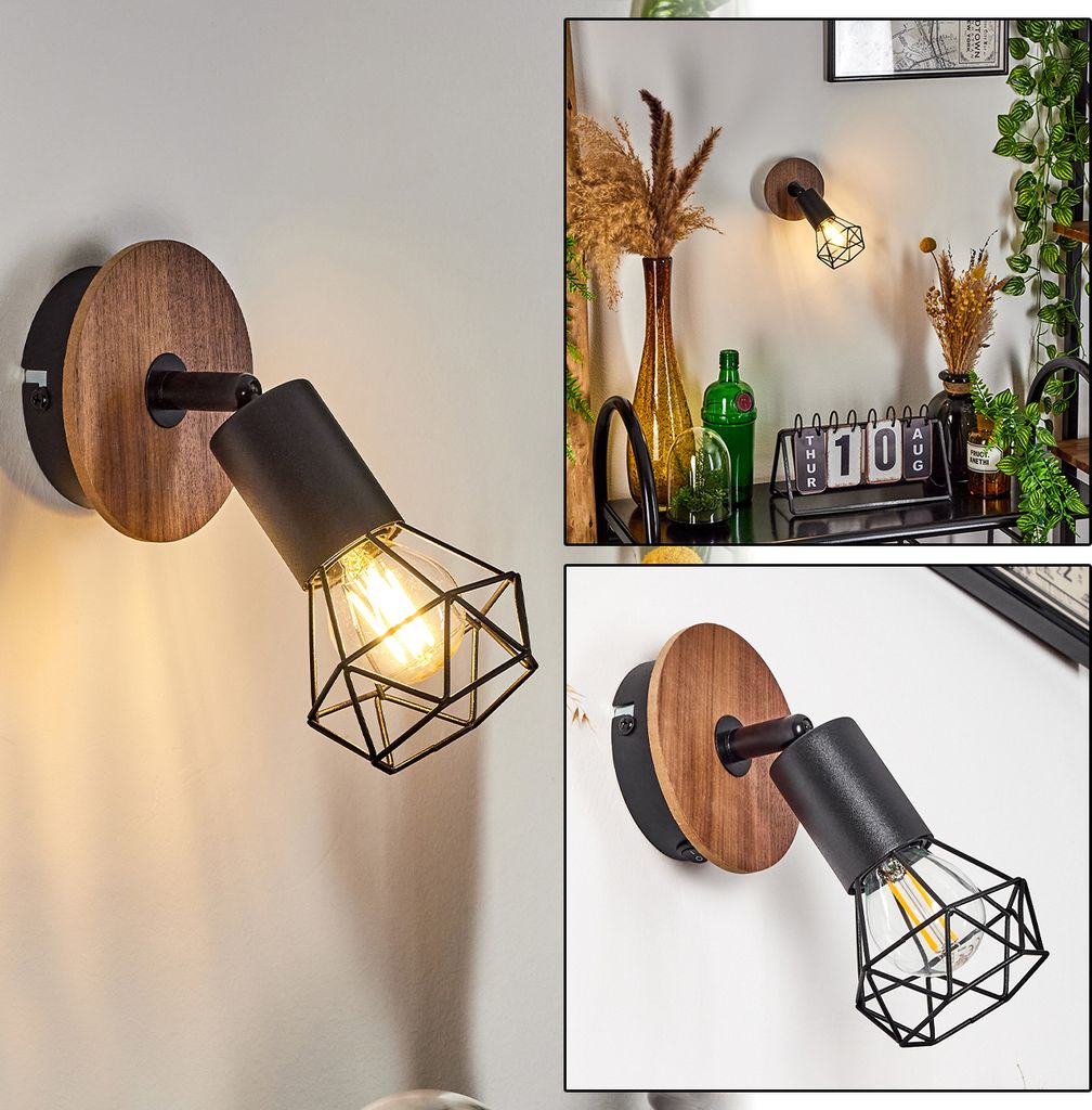 Borio »Borio« 1-flammige Wandlampe aus Metall/Holz in Schwarz/Braun
