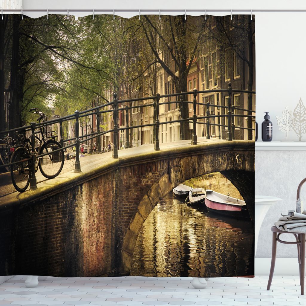 ABAKUHAUS Landschaft Duschvorhang, Romantik-Brücke Canal, Bakterie Schimmel Resistent inkl. 12 Haken Waschbar Stielvoller Digitaldruck, 175 x 180 ...