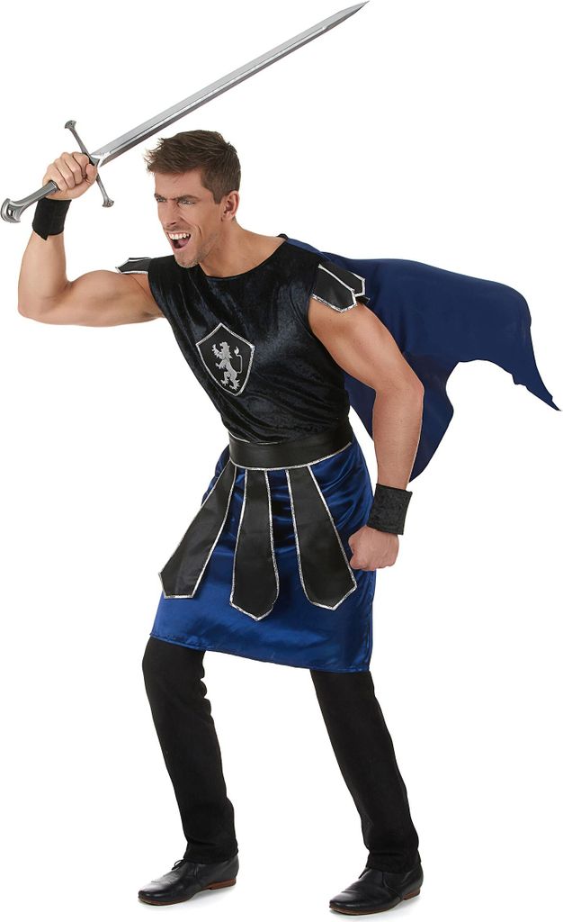 Ritterkönig-Kostüm Mittelalter – Tunika Mit Umhang, Gürtel & Manschetten (schwarz-blau)