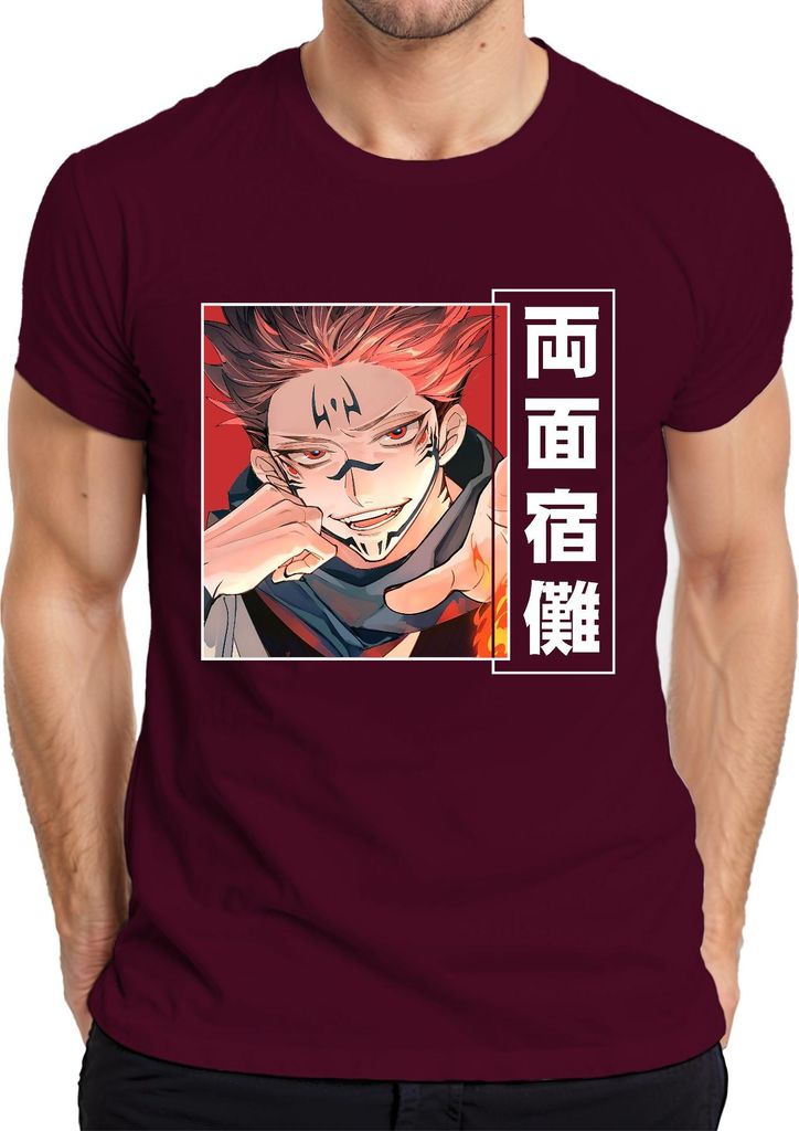 Jujutsu Kaisen 両面宿儺 Dämon Anime Ästhetik Manga Flamme Geschenk Herren T-Shirt, Burgundy, S