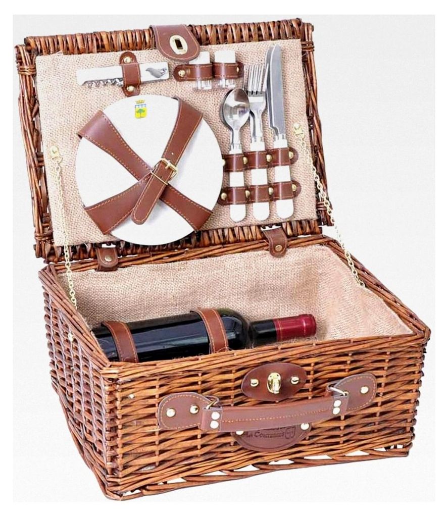 Picknickkorb Saint Michel aus honigfarbener Weide - Komplett für 2 Personen - Porzellanteller und Weingläser - Beige Stoff - 38 x 28 x 18 cm