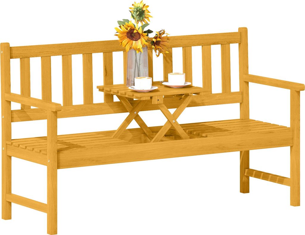 Outsunny 2-Sitzer Gartenbank Holz, wetterfest Sitzbank, Klappbarer Tisch 320kg belastbar, für Balkon, Garten, 149x56,5x89cm, Teak