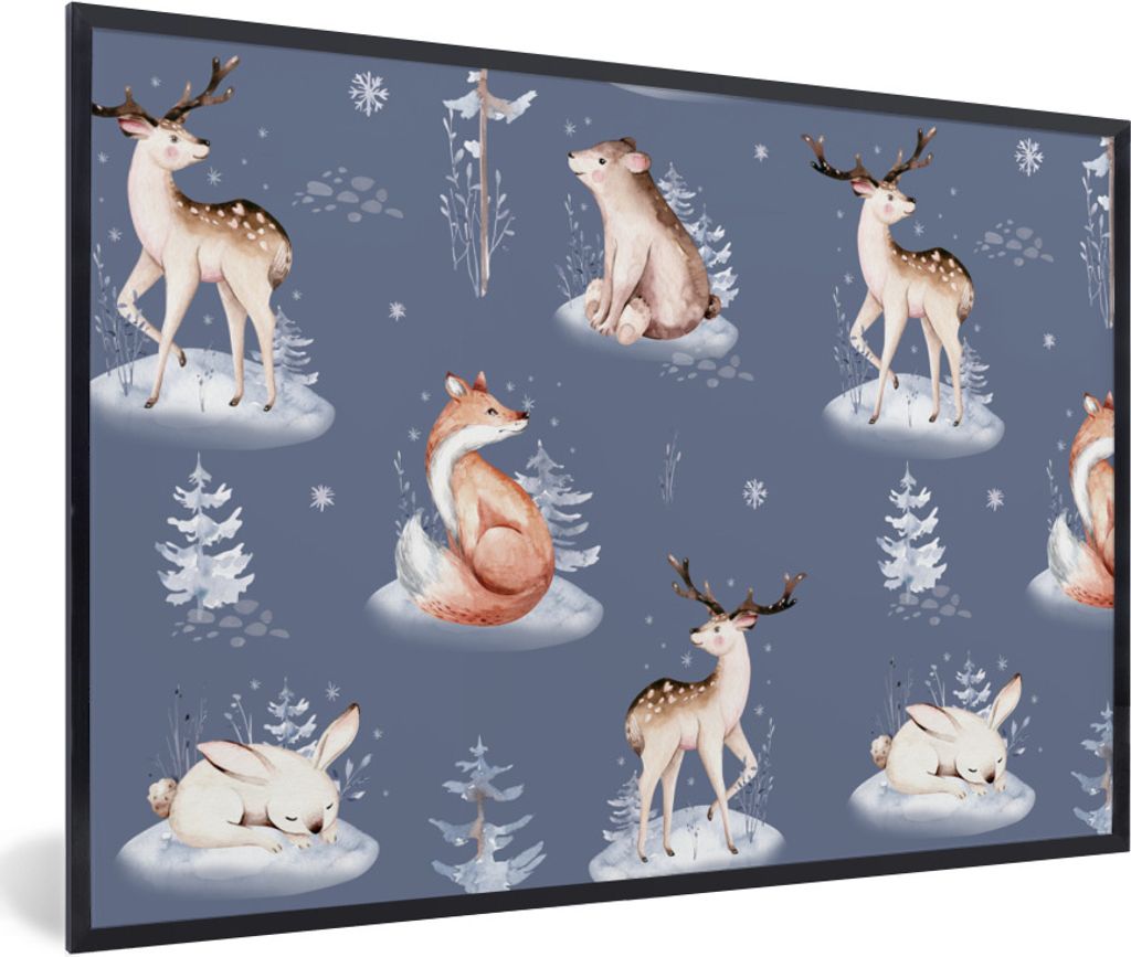 MuchoWow Gerahmtes Poster Winter - Tiere - Muster 60x40 cm - Poster mit Schwarzem Bilderrahmen Wandposter Rahmen Foto Bilder - Printing - Wanddek...