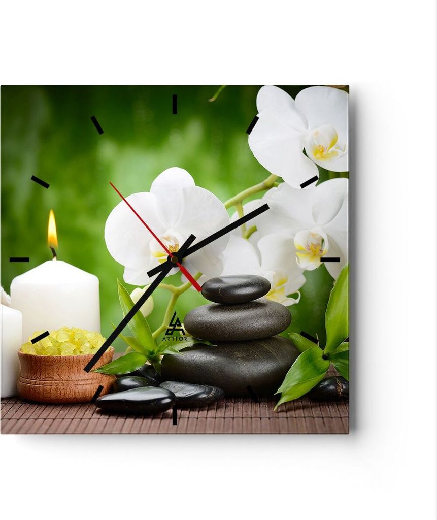 Wanduhr - Quadrat - Glasuhr - Blume aromatherapie spa - 30x30cm - Schleichendes Uhrwerk - Lautlos - zum Aufhängen bereit - Dekoration Modern - Wan...