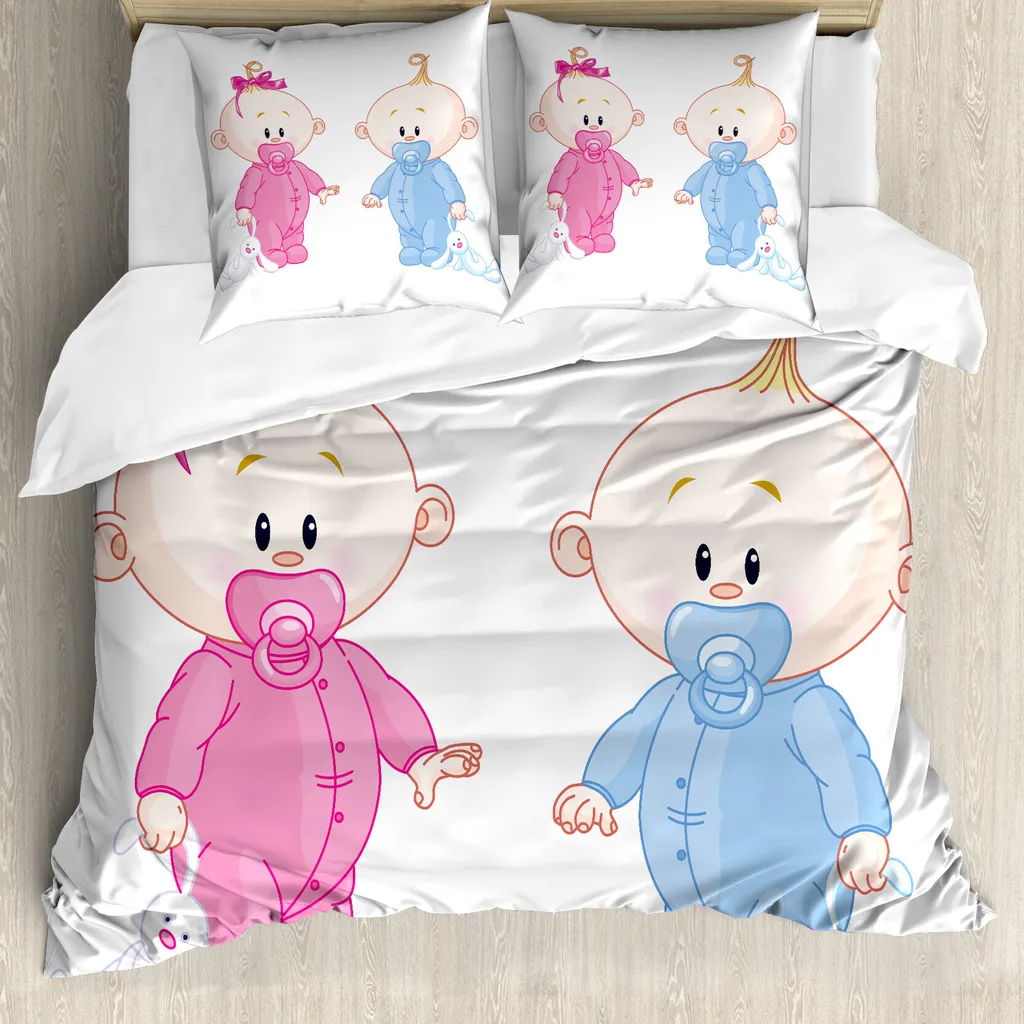 ABAKUHAUS Copripiumino, coniglietto per bambini e bambine, antiacaro, adatto a chi soffre di allergie, con federe, 200 cm x 200 cm - 80 x 80 cm, azzurro e rosa pesca