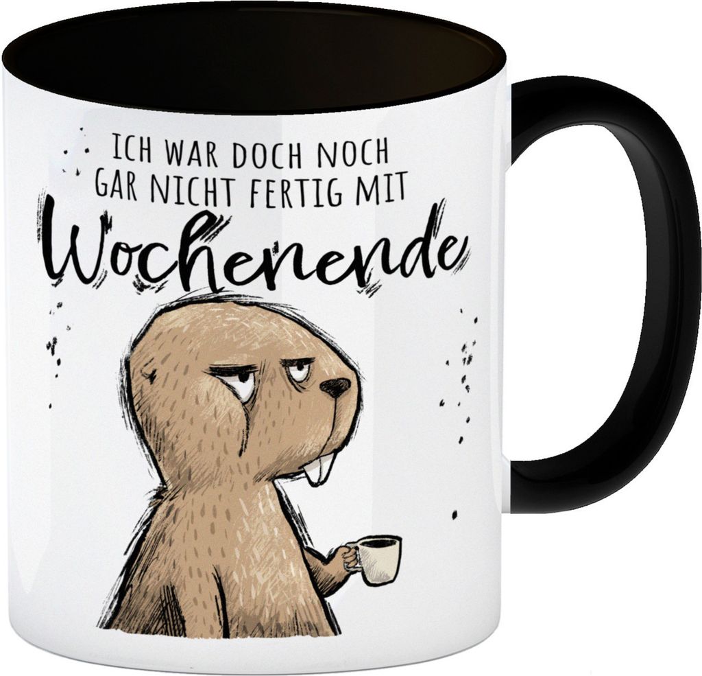 Biber Kaffeebecher in schwarz mit Spruch Wochenende war noch nicht fertig