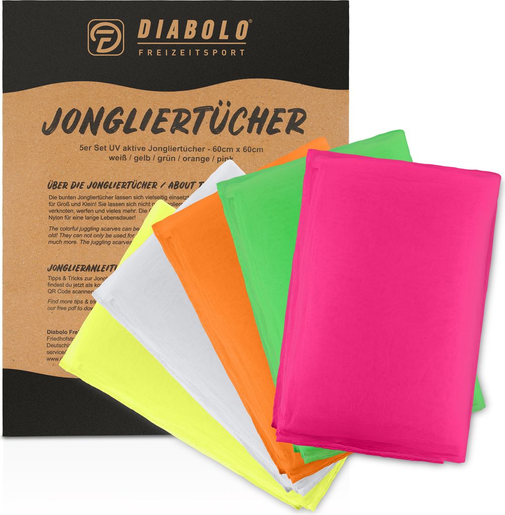 Diabolo Freizeitsport Jongliertücher 5er Set (UV reaktiv), 60x60cm, 100% Nylon, Tanztücher, Chiffontuch - mit plastikfreier Geschenkverpackung