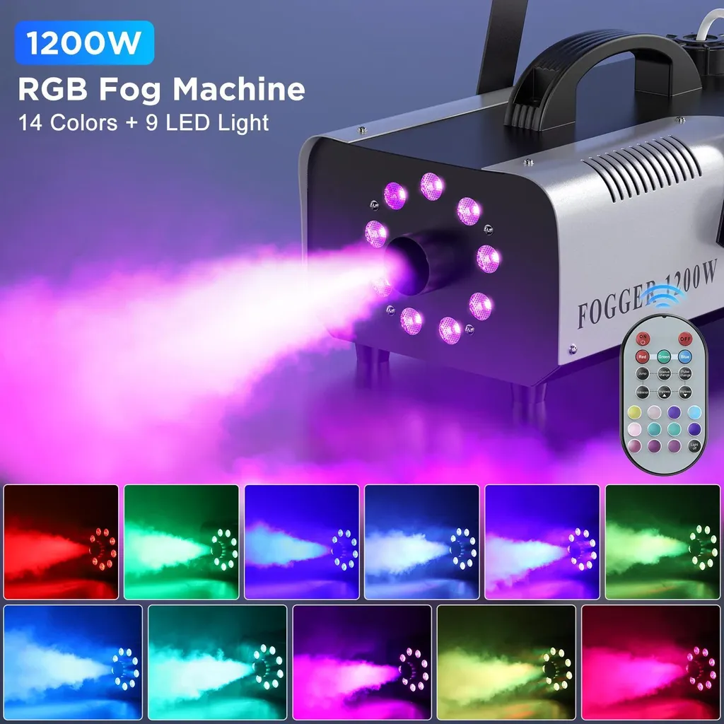 Machine à fumée 1200W avec 9 LED RGB et télécommande sans fil - Vert