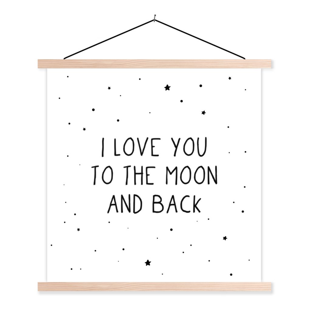 MuchoWow Textilposter Zitate - Ich liebe dich bis zum Mond und zurück - Baby - Liebe - Sprichwörter 120x120 cm mit holzfarbenen Rahmen - Textil...