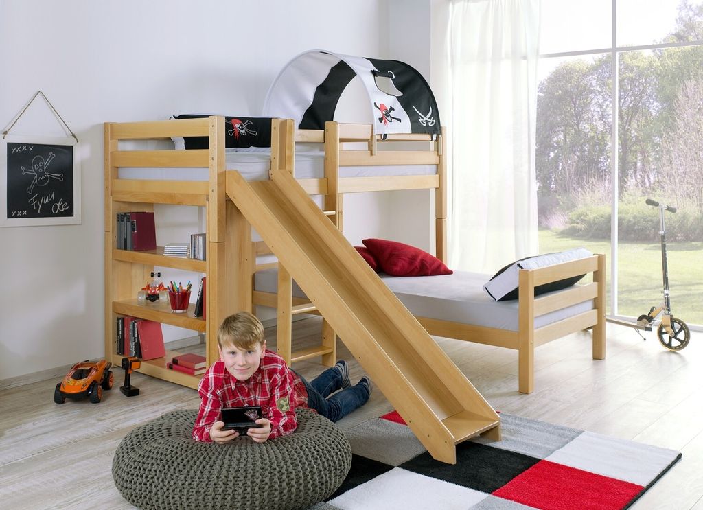 Etagen- bzw. 2. Einzelbetten Beni Buche massiv Natur lackiert mit Rutsche 90x200