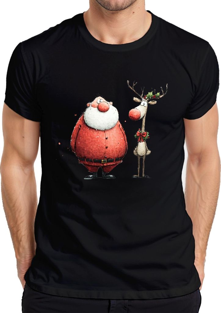 Lustiger Weihnachtsmann Rentier Aquarell Geschenk Retro Herren T-Shirt, Schwarz, XXL