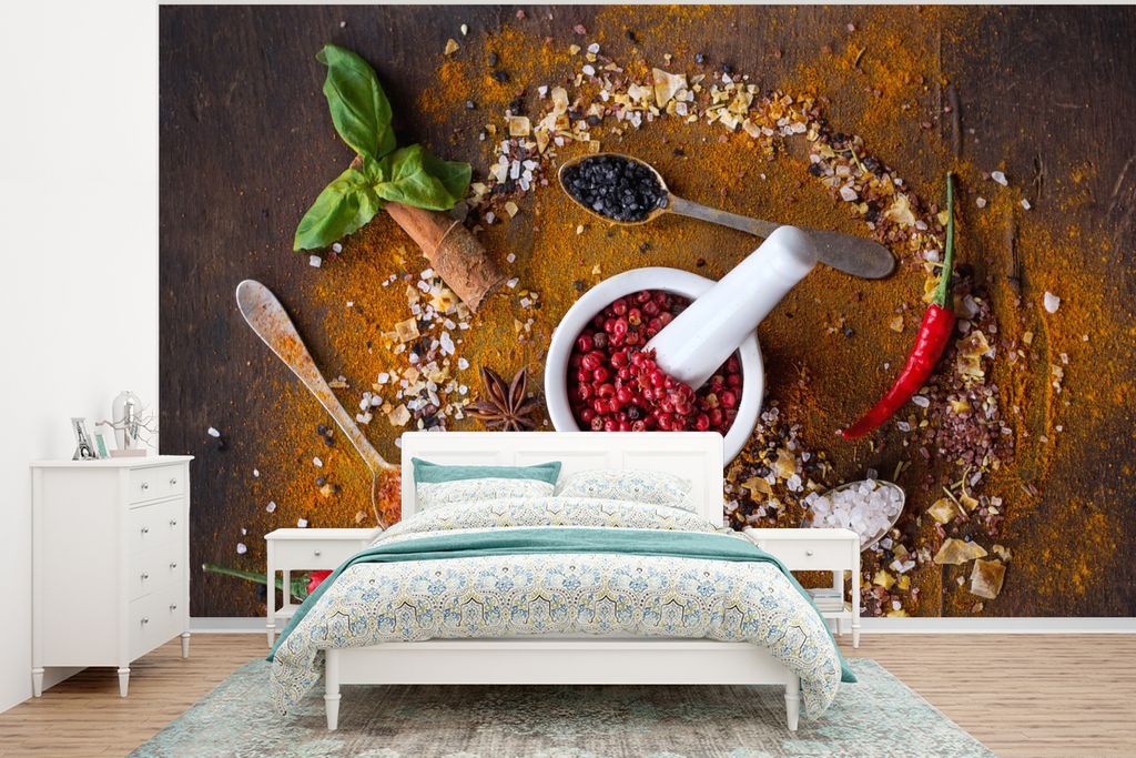 MuchoWow Fototapete für Wohnzimmer oder Schlafzimmer Wandtapete Vinyl Motivtapete Mörser - Kräuter - Löffel - Gewürze - Braun - Pfeffer - 35...