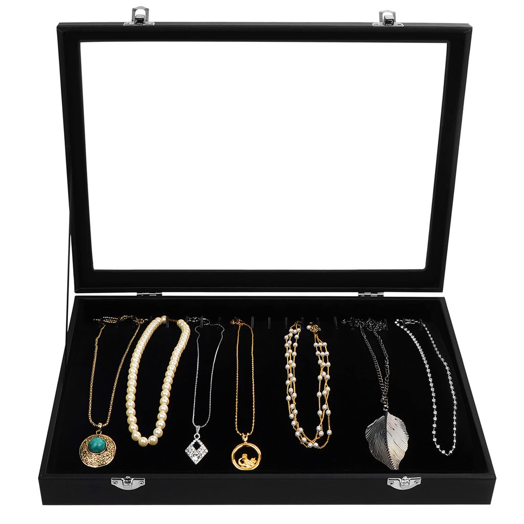 Kurtzy Schmuck Aufbewahrungssystem Schmuckkasten Schwarz, Samt Box Glas Deckel Verschließbar&20 Haken – Schmuckaufbewahrung Stapelbar Schmucksch...