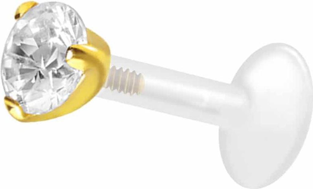 Ohrpiercing, Nasenpiercing PTFE Labret mit Innengewinde + Titan-Aufsatz EINGEFASSTER KRISTALL Gold Stablänge: 10mm | Stabstärke: 1,2mm | Kristall...