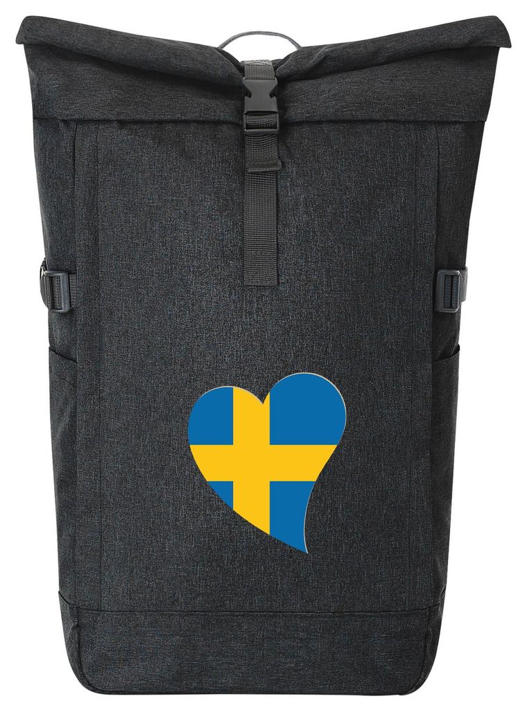 Huuraa Kurierrucksack Schweden Flagge Herz 30-44 Liter Black Melange Fairtrade Rolltop Rucksack Geschenkidee