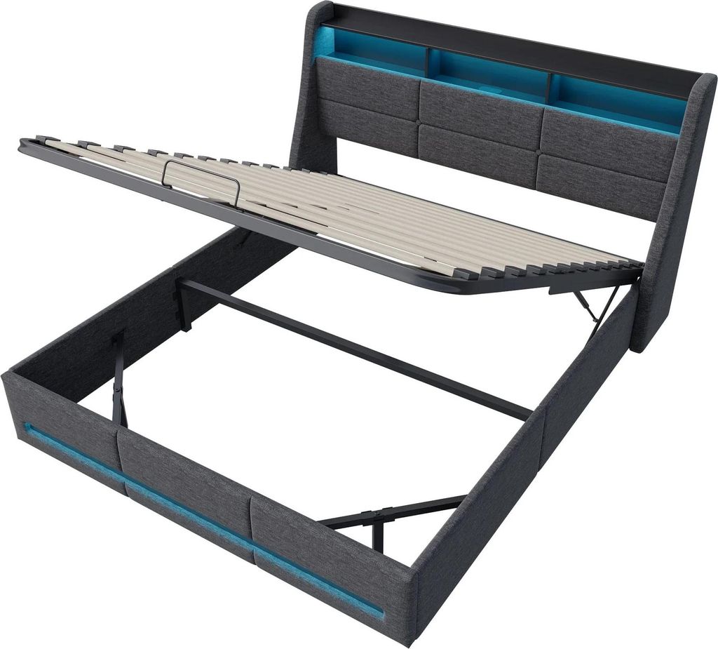 Polsterbett - Doppelbett - 140 x 190 cm - Mit Stauraum - LED-Kopfteil - USB-Ladefunktion - Metallrahmen - Modernes Design