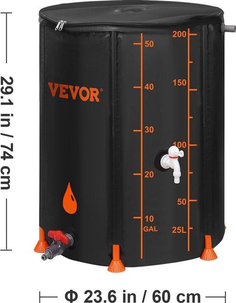 Regenwassertank 200L schwarz 60x74cm mit Abfluss